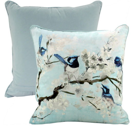 Blue Fairy Wren Velvet Cushion