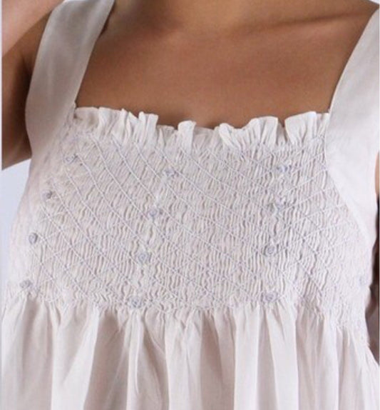 Nightwear Meg White Cotton Nighty with Blue Smocking