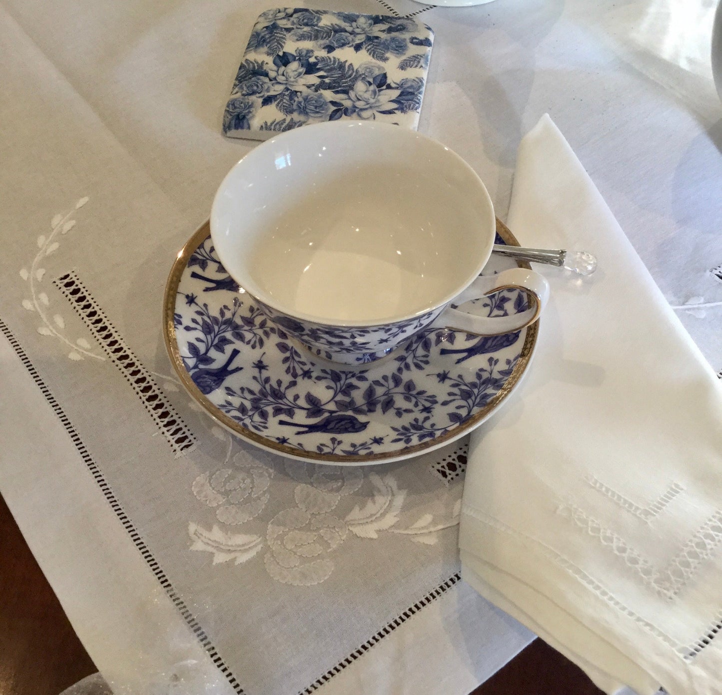 Blue and White Bird Tea Cup and Saucer