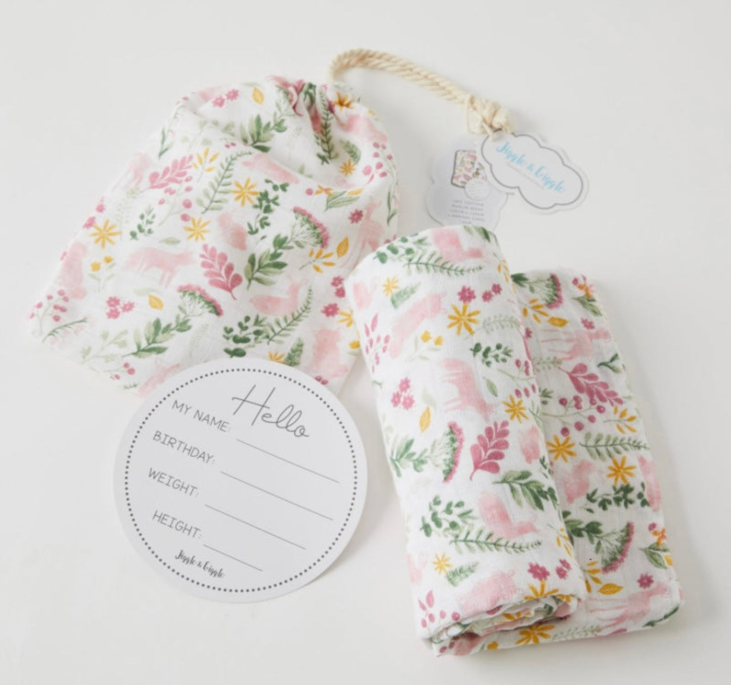 Muslin Baby Wrap and Arrival card in Natures Garden