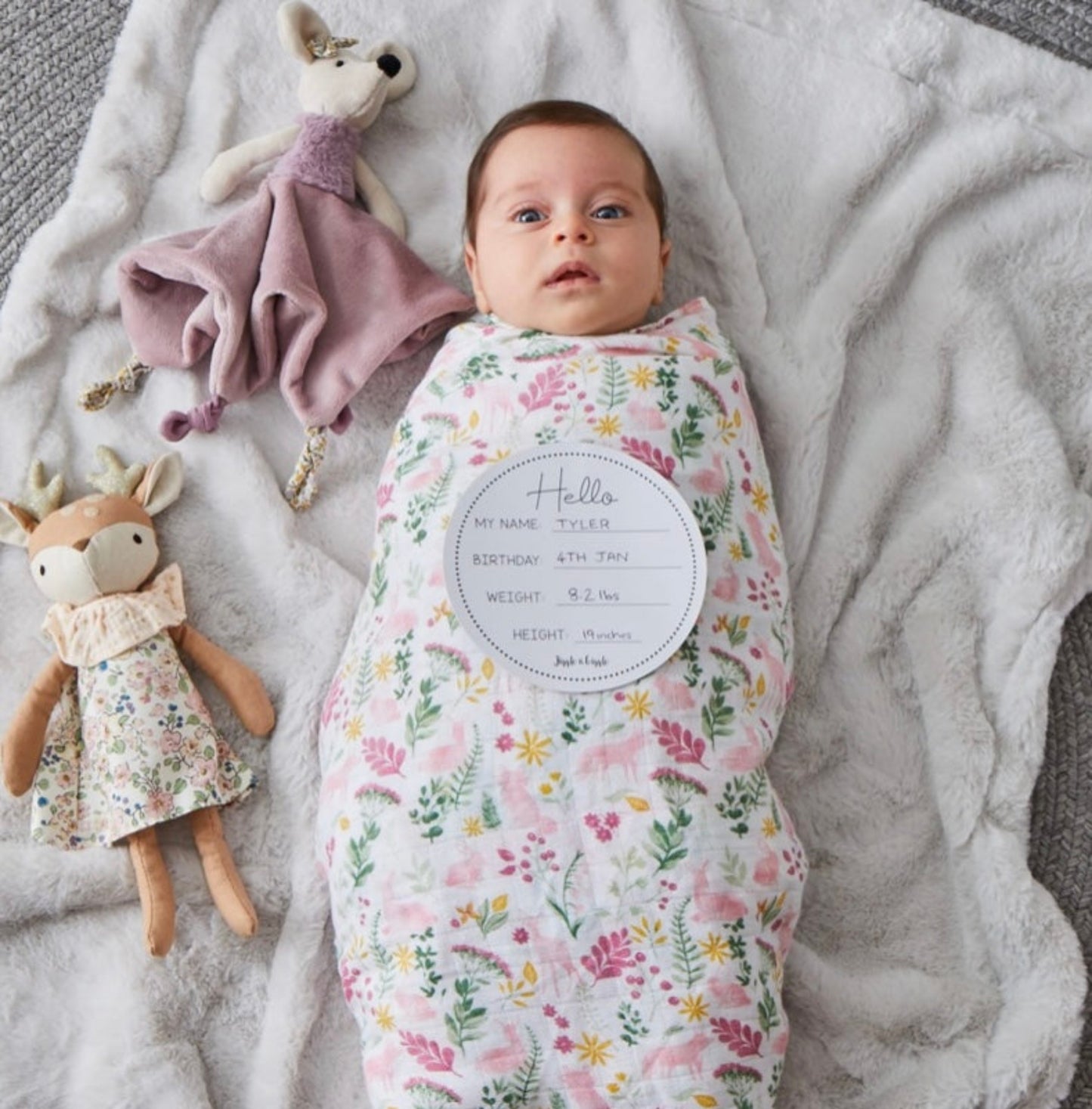 Muslin Baby Wrap and Arrival card in Natures Garden